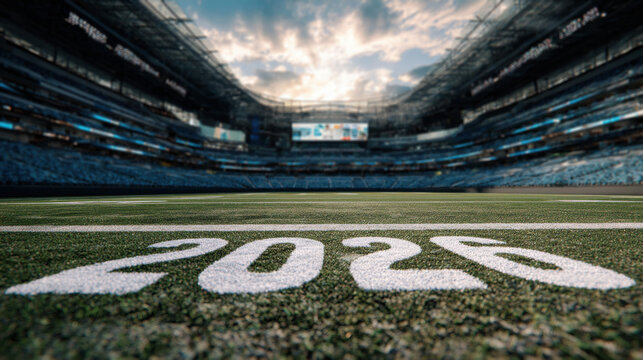 Soccer stadium field with 2026 marking symbolizing football tournament and global sports celebration
