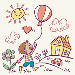 Funky childish doodles icons drawn with crayon vector illustration happy day