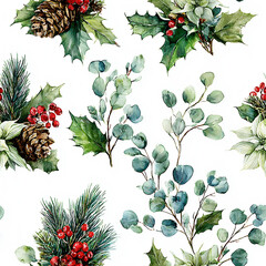 Watercolor Seamless Pattern Christmas Winter Floral Elements Pine Cones Holly Berries Eucalyptus Poinsettia