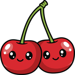 This charming illustration features a pair of cute cherries, complete with smiling faces and shiny, vibrant red skins. 