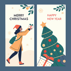 Festive christmas and new year vertical banners with woman and decorated tree