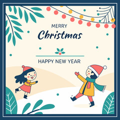 Festive merry christmas and happy new year greeting card illustration with children and lights