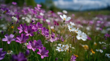 Bright Wildflower Meadow With Purple And White Blooms Under Sunny