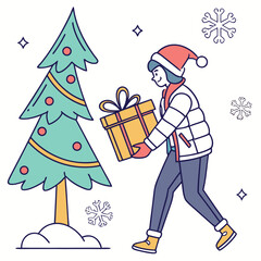 Festive christmas tree gift giving illustration happy new year celebration vector