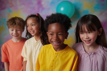 Diverse group of happy children smiling at a colorful birthday party