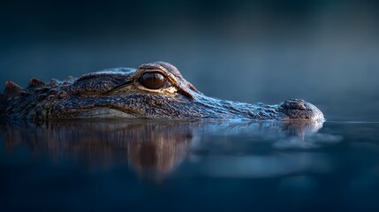 shot captures the eye and head of a submerged reptile, showcasing textured skin and a reflective water surface, highlighting the creature's presence in the cool, dark water with a mysterious...