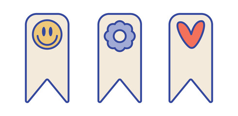 Cute Kawaii Bookmark for Planner Stickers set. Smiley, flower, and heart page markers for journals, organizers, calendar and a diary