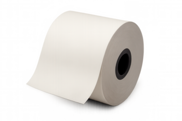 White paper roll for receipt printer, blank thermal paper spool, office supply on transparent background