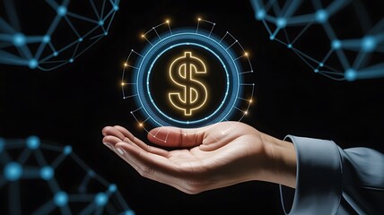 Digital currency concept with glowing dollar sign and futuristic networks emerging in open hand symbolizing financial technology and investment