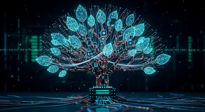 Cybernetic Tree with Intricate Circuit Board Branches and Glowing Blue Data Stream Leaves Emerging from a Digital Landscape