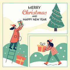 Festive merry christmas and happy new year vector illustration set with gift giving scenes