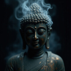 Serene Buddha Head with Swirling Smoke in Spiritual Composition