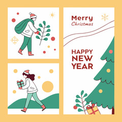 Merry christmas and happy new year greeting cards festive vector illustration with holiday elements