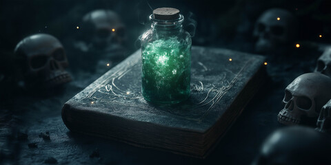 Mysterious glass jar filled with glowing green liquid sits atop an ancient book surrounded by eerie skulls, creating an enchanting and mystical atmosphere for storytelling