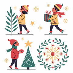 Festive christmas and new year collection vector illustrations of children decorating trees and gifts