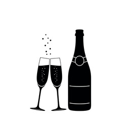 Champagne Bottle and Two Glasses Silhouette Illustration.