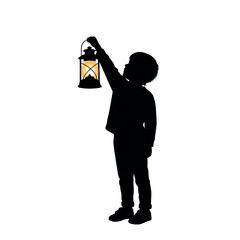 Child silhouette holding a glowing lantern in the dark. © Diki