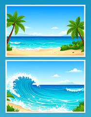 Obraz premium Cartoon-style tropical beach scenes with palm trees and ocean views