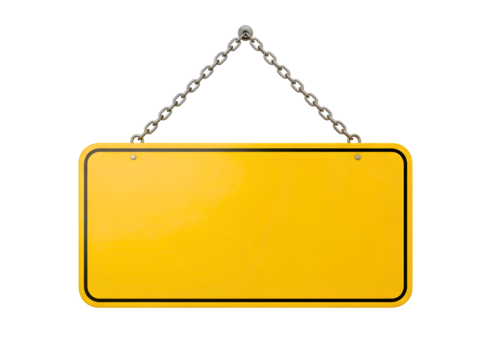 Blank yellow rectangular sign hanging from a metal chain isolated on transparent background
