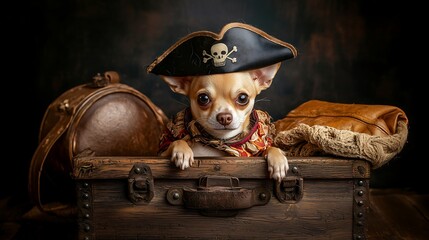 A small dog in a pirate costume posing in a professional studio with dramatic lighting and props