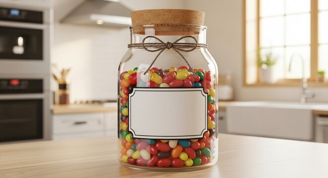 Glass jar filled with colorful jelly beans on a kitchen counter