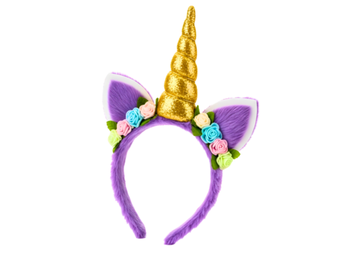 White unicorn headband with purple ears and gold horn isolated on transparent background