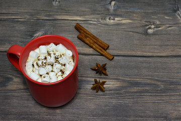 Cozy Hot Chocolate with Marshmallows, Cinnamon and Star Anise on Wooden table