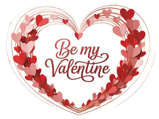 Be my Valentine" text inside a golden heart frame with numerous small red and pink paper hearts on black background