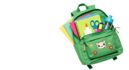 School backpack with colorful stationery supplies on light background. Back to school concept with pencils, notebooks, scissors and markers. Education accessories flat lay with copy space for text.