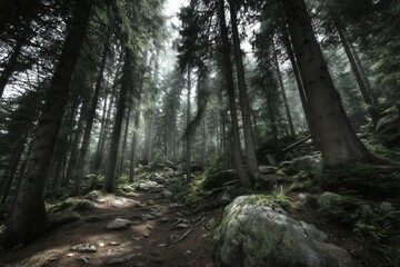 Naklejka premium Mysterious foggy forest path through towering evergreen trees with lush greenery