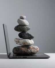 Harmony of Nature and Technology: Stack of Stones on Balancing Laptop Symbolizing Balance and Connection