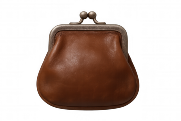 Brown leather coin purse with metal clasp, representing vintage finance, savings, and classic accessory style on transparent background