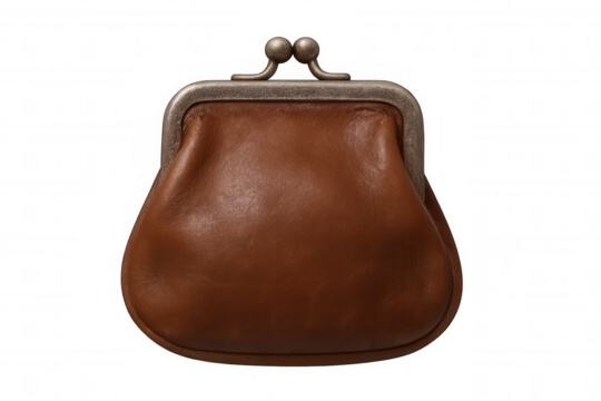 Brown leather coin purse with metal clasp, representing vintage finance, savings, and classic accessory style on transparent background
