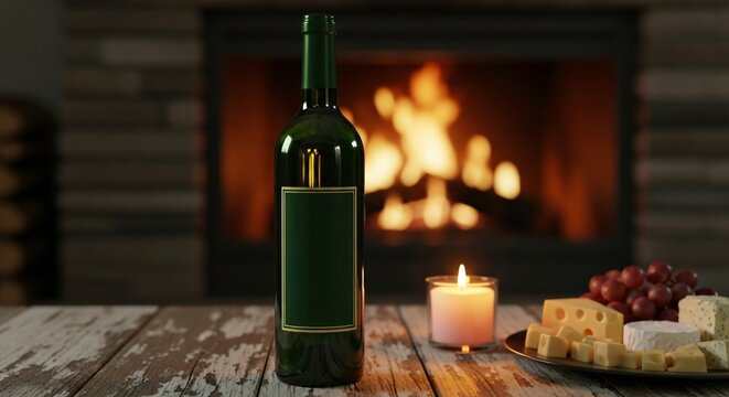 A bottle of wine sits on a wooden table in front of a fireplace with a candle and cheese