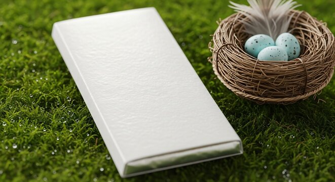A white box and a birds nest with blue eggs on green moss