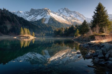 Obraz premium Tranquil mountain lake reflecting snow-capped peaks and lush trees at dawn