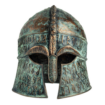Ancient Armor: A close-up shot of an ancient, weathered helmet, intricately etched with cryptic symbols, whispers tales of valor, resilience, and forgotten eras. 