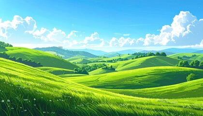 Obraz premium Vibrant Green Rolling Hills Landscape Under a Sunny Sky