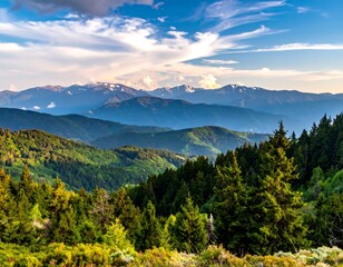 Fototapeta premium A scenic vista unveils layers of rolling, verdant hills cascading towards majestic, snow-capped mountains, framed by a bright, blue sky