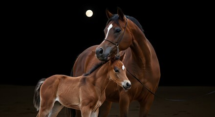 Obraz premium Horse with Foal Against Dark Background