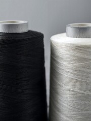 White and black spools of thread on a white background