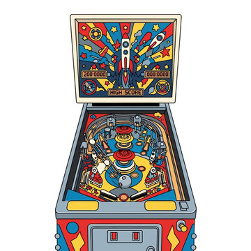 Classic Pinball Machine with Colorful Graphics and Design.