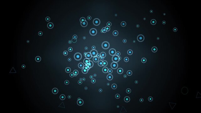 Abstract blue circles and triangles floating in a dark, gradient background