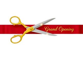 Golden scissors cutting red ribbon for grand opening isolated on transparent background