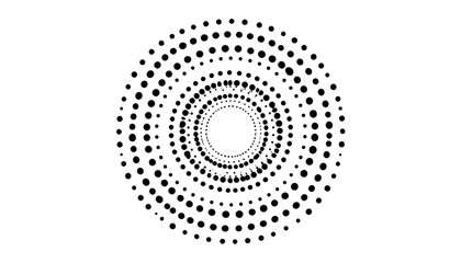 Black circular design with dots, expanding outwards on white background
