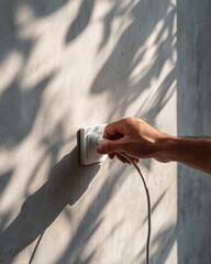 Embracing Sustainability: Man unplugging charger from wall in the soft morning light