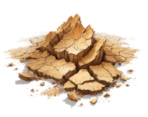 Dried, cracked earth mound.  Rocky outcrop
