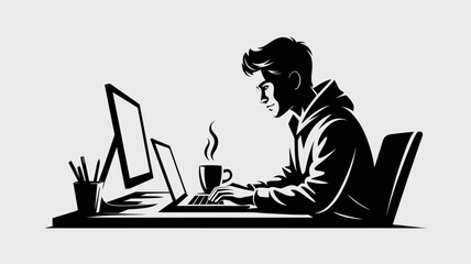 A monochrome illustration of a person working at a desk with a computer and a cup of steaming beverage