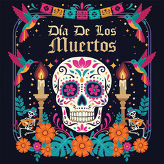 Dia de los Muertos or Day of the Dead festive design featuring hand drawn floral art, tattoo skulls, maracas, and sombrero, reflecting the colorful spirit of Mexican traditions.