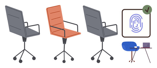 Three office chairs on wheels, a blue desk with a laptop, and a framed fingerprint authentication icon with a checkmark. Ideal for security, workspace, ergonomics, office, technology, identification
